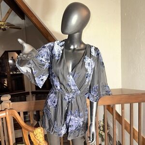 As U Wish Womens Floral Burnout Velvet Romper Black Flutter SleeveFairy Grunge S